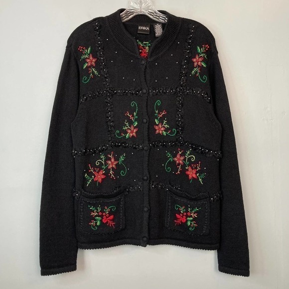 ERIKA Poinsettia Christmas Holiday Beaded Embroidered Cardigan Sweater Size M - Picture 6 of 12